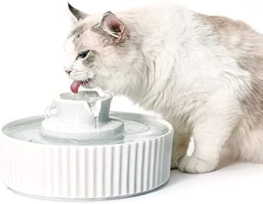 360 Ceramic Cat Fountain, 2.1L Pet Drinking Fountain for Cat and Dog, Cat Fountain Porcelain, Cat Water Dispenser with Activated Carbon Filter and Sponge Foam Pre-Filter (White)
